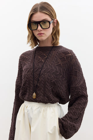 Pointelle Knit Sweater Brown