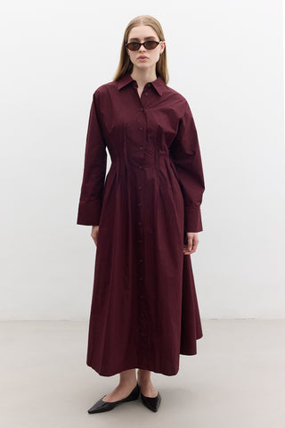 Pleated Detail Shirt Dress Burgundy