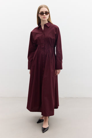 Pleated Detail Shirt Dress Burgundy