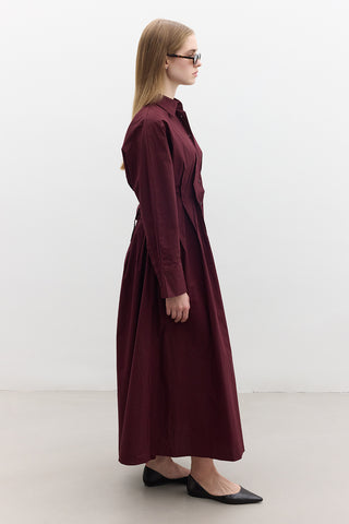 Pleated Detail Shirt Dress Burgundy