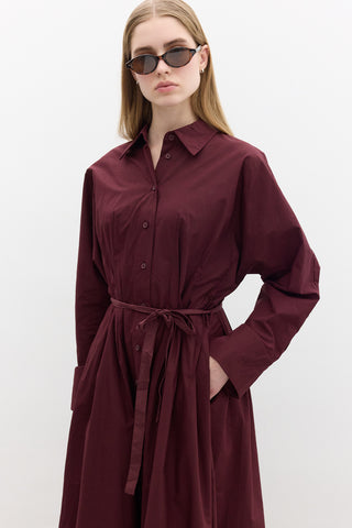 Pleated Detail Shirt Dress Burgundy