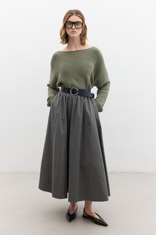 Katy Gabardine Shirred Skirt Khaki