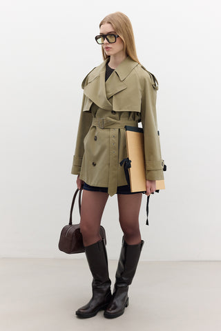 Double-Breasted Cropped Trench Coat Green
