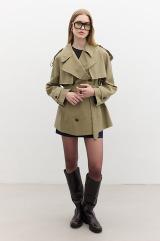 Double-Breasted Cropped Trench Coat Green