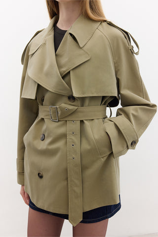 Double-Breasted Cropped Trench Coat Green