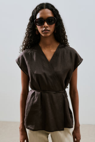 Sleeveless Linen Blouse Dark Brown