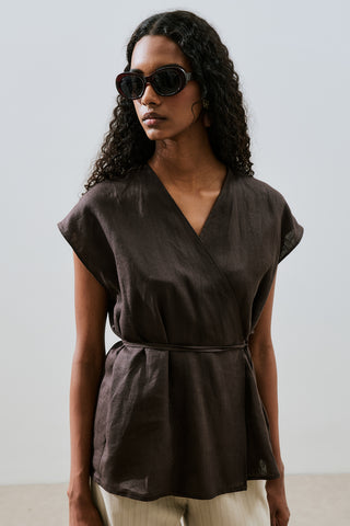Sleeveless Linen Blouse Dark Brown