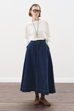 Wide Leg Denim Skirt With Stitch Detail Indigo