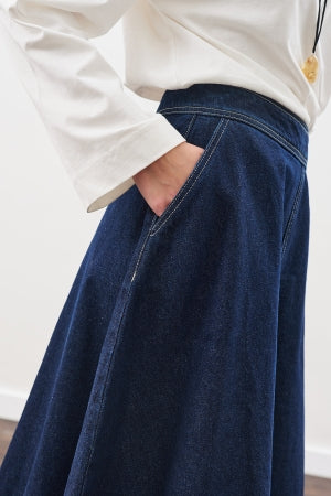 Wide Leg Denim Skirt With Stitch Detail Indigo