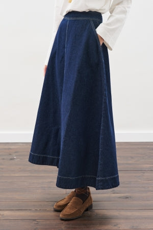 Wide Leg Denim Skirt With Stitch Detail Indigo