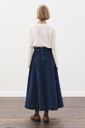 Wide Leg Denim Skirt With Stitch Detail Indigo