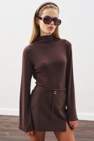 Ribbed Turtleneck Top Dark Brown