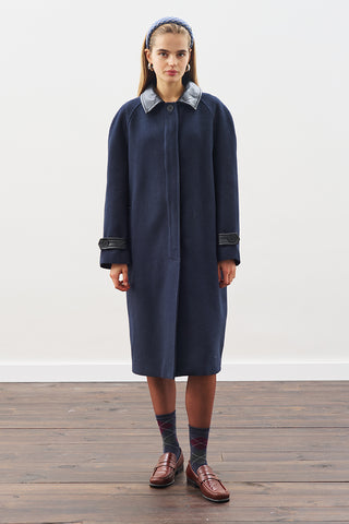 Wool Coat With Leather Details Navy Blue