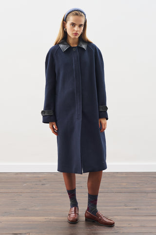 Wool Coat With Leather Details Navy Blue