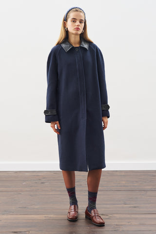 Wool Coat With Leather Details Navy Blue