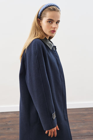 Wool Coat With Leather Details Navy Blue