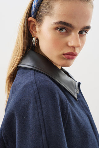 Wool Coat With Leather Details Navy Blue