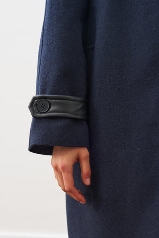 Wool Coat With Leather Details Navy Blue