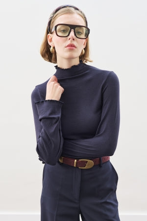 Ribbed Turtleneck Top Navy Blue