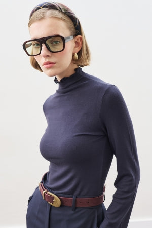 Ribbed Turtleneck Top Navy Blue