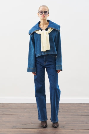 Wide Collar Denim Shirt Dark Blue