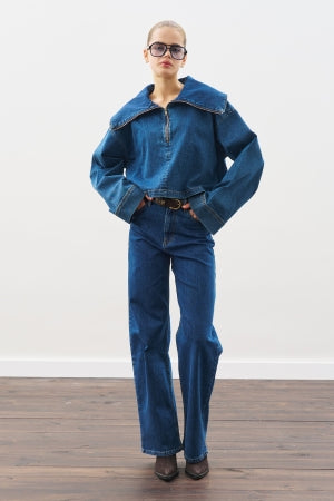 Wide Collar Denim Shirt Dark Blue