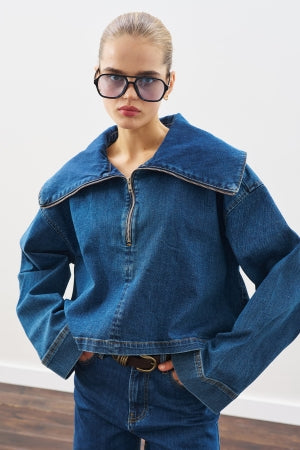 Wide Collar Denim Shirt Dark Blue