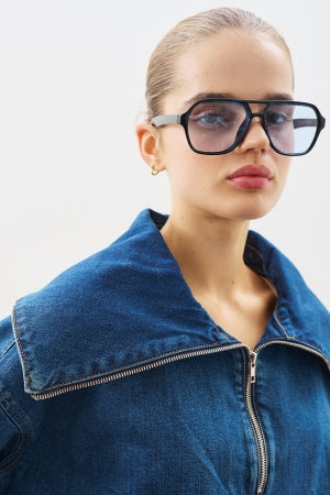 Wide Collar Denim Shirt Dark Blue