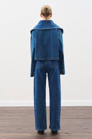 Wide Collar Denim Shirt Dark Blue