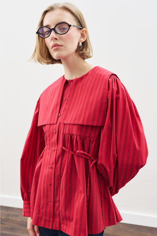 Belted Wide-Collar Shirt Red Strıped