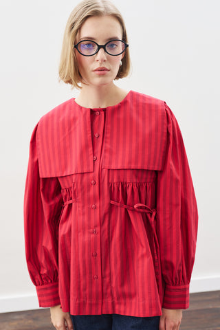 Belted Wide-Collar Shirt Red Strıped
