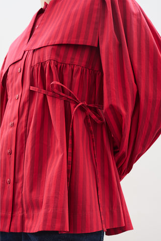 Belted Wide-Collar Shirt Red Strıped