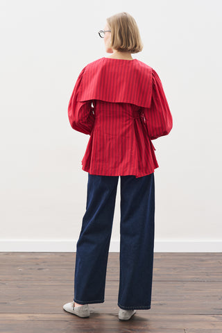 Belted Wide-Collar Shirt Red Strıped