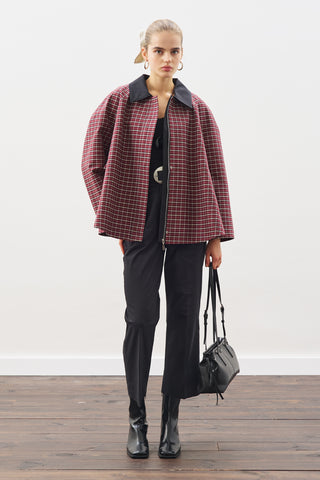 Contrast-Collar Trench Coat Plaıd