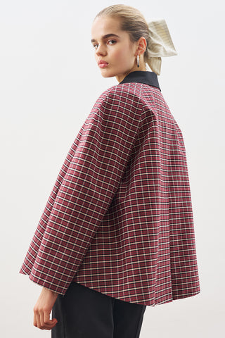 Contrast-Collar Trench Coat Plaıd