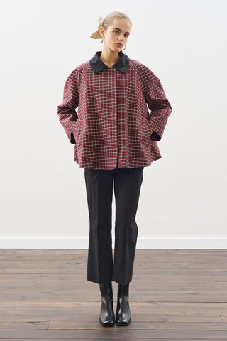 Contrast-Collar Trench Coat Plaıd