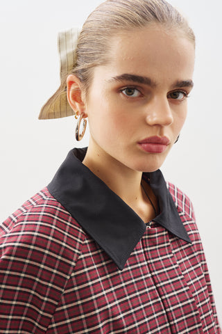 Contrast-Collar Trench Coat Plaıd