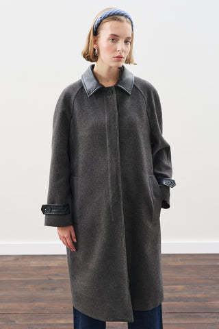 Wool Coat With Leather Details Anthracıte