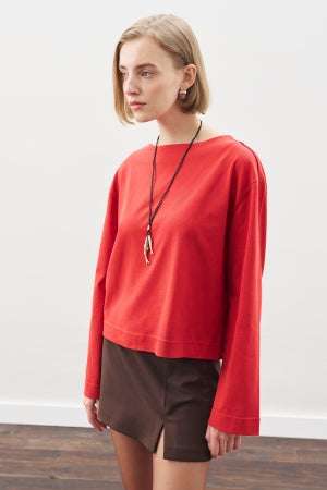 Boat Neck Long Sleeve T-Shirt Red
