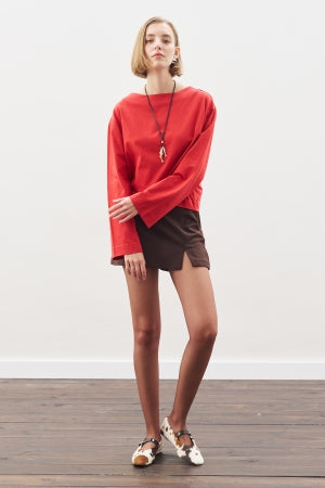 Boat Neck Long Sleeve T-Shirt Red