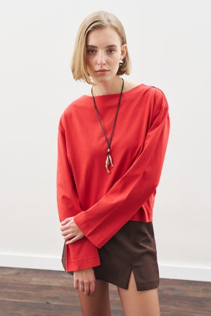 Boat Neck Long Sleeve T-Shirt Red