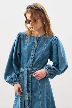 Wide Sleeve Denim Dress Blue