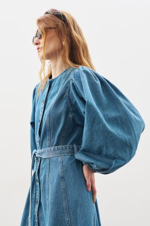 Wide Sleeve Denim Dress Blue