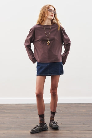 Boat Neck Long Sleeve T-Shirt Brown