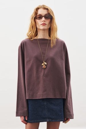 Boat Neck Long Sleeve T-Shirt Brown