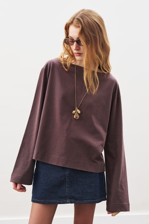 Boat Neck Long Sleeve T-Shirt Brown