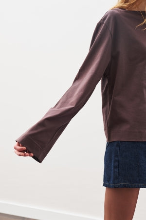 Boat Neck Long Sleeve T-Shirt Brown