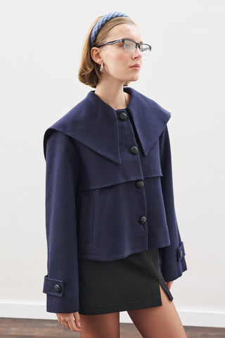 Button-Detail Wool Coat Navy Blue