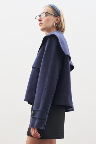 Button-Detail Wool Coat Navy Blue