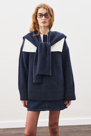 Wide-Collar Knit Scarf Navy Blue